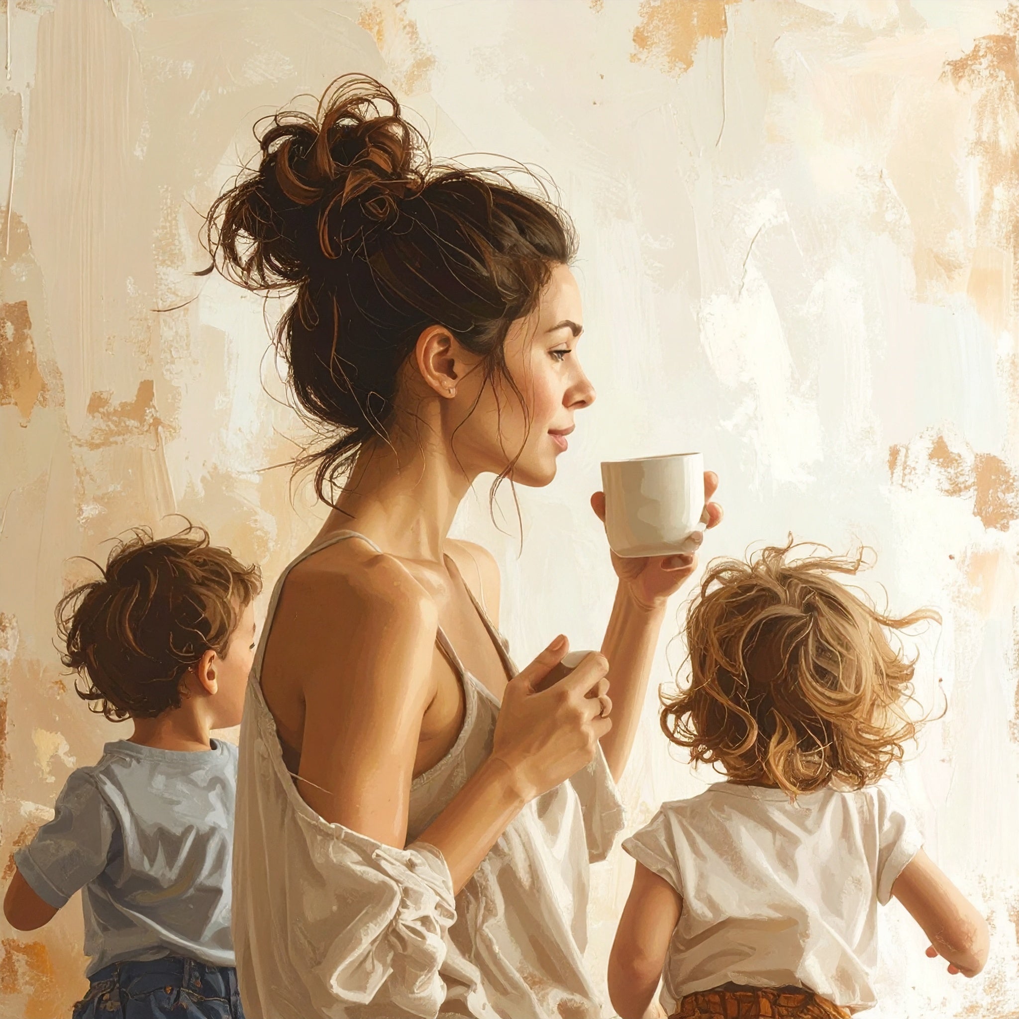 Mom with Coffee and Kids