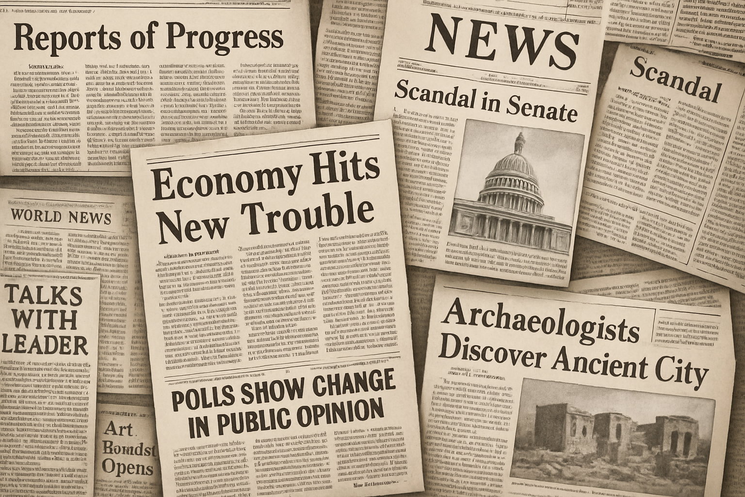 Collections of newspaper articles collaged together