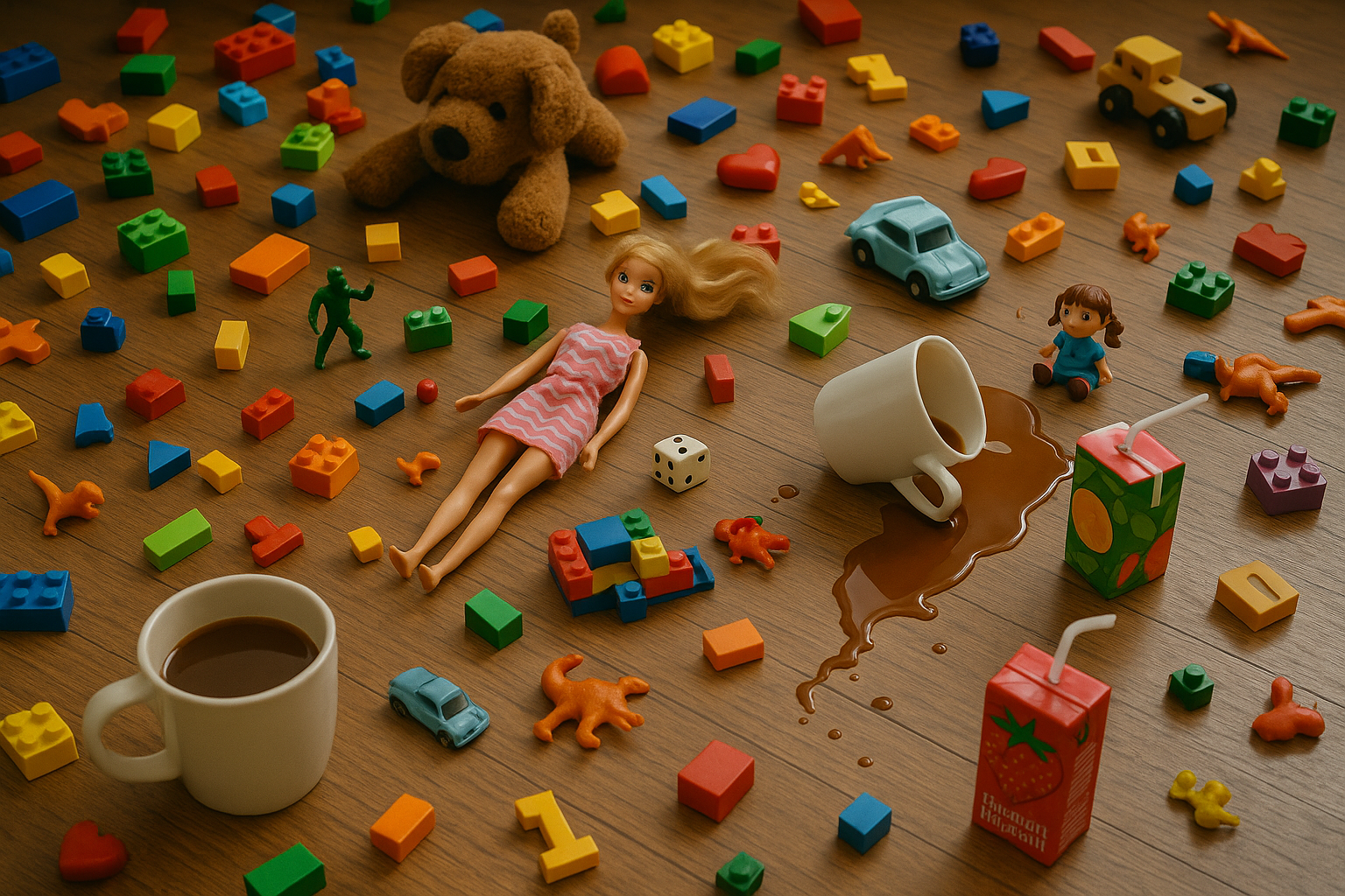 Messy chaos of toys and half drank coffee and juice boxes scattered around a floor